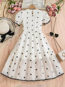 Tween Girls Cute & Sweet Floral Textured Fabric Vacation Dress - White - View 5