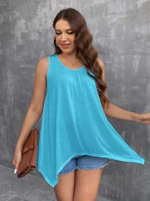 SHEIN LUNE Áo ba lỗ cổ tròn nhún bèo cho nữ cỡ lớn thường ngày viền bất đối xứng - Màu xanh bạc hà - Xem 3