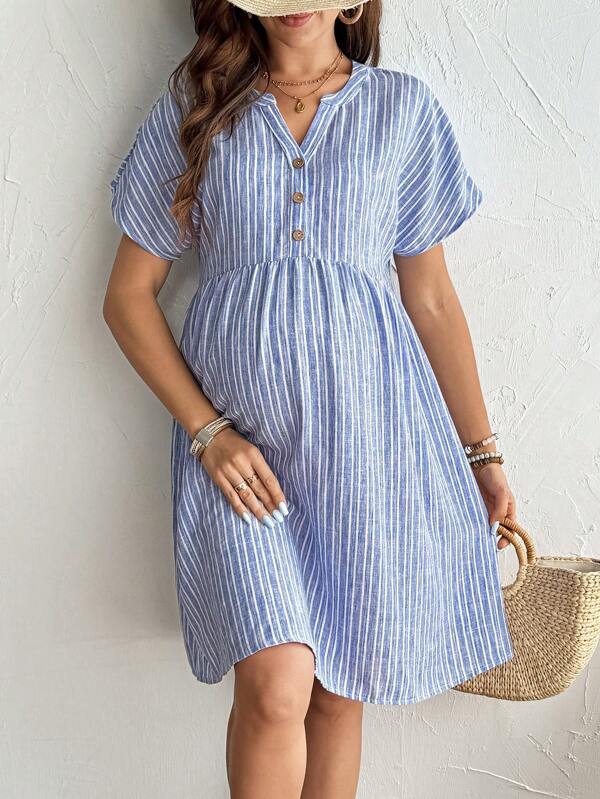 SHEIN Pregnant Women's Summer Stripe Notched Neck Button Design Casual Midi Dress Maternity Dress