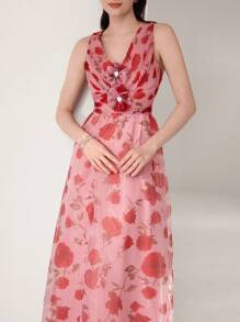 Modelyn Women's Elegant Summer Pink Floral Maxi Dress,V-Neck Sleeveless Wedding Ninang Gown,3D Floral Appliques Pearl Accents Woven Textured Flared Hem Dress - Multicolor - View 7