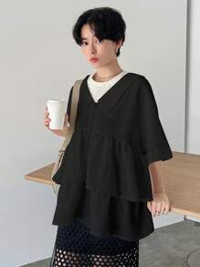 FRIFUL Women's Solid Color Loose Casual Short Sleeve Shirt With Ruffle Hem - Black - View 3