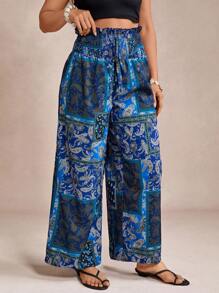 SHEIN VCAY Pantaloni a gamba larga con vita elastica e stampa a motivo di anacardi, adatti per vacanze, taglie forti per donne
