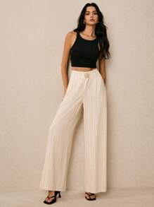 Poéselle Women's Striped Linen Trousers,Wide-Leg Pants With Metal Buckle,Elegant Old Money Style For Brown And Cream,Autumn,Holiday,Brunch,Commuting & Daily - Beige - View 2