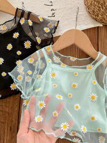 SHEIN LMoss Kids 4件套 Babygirl 可爱花朵网眼短袖上衣和吊带背心 - 彩色 - 查看 4