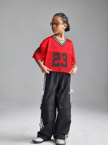 Coolane Kids 青少年女孩春夏V领网眼面料字母和数字印花宽松短款T恤