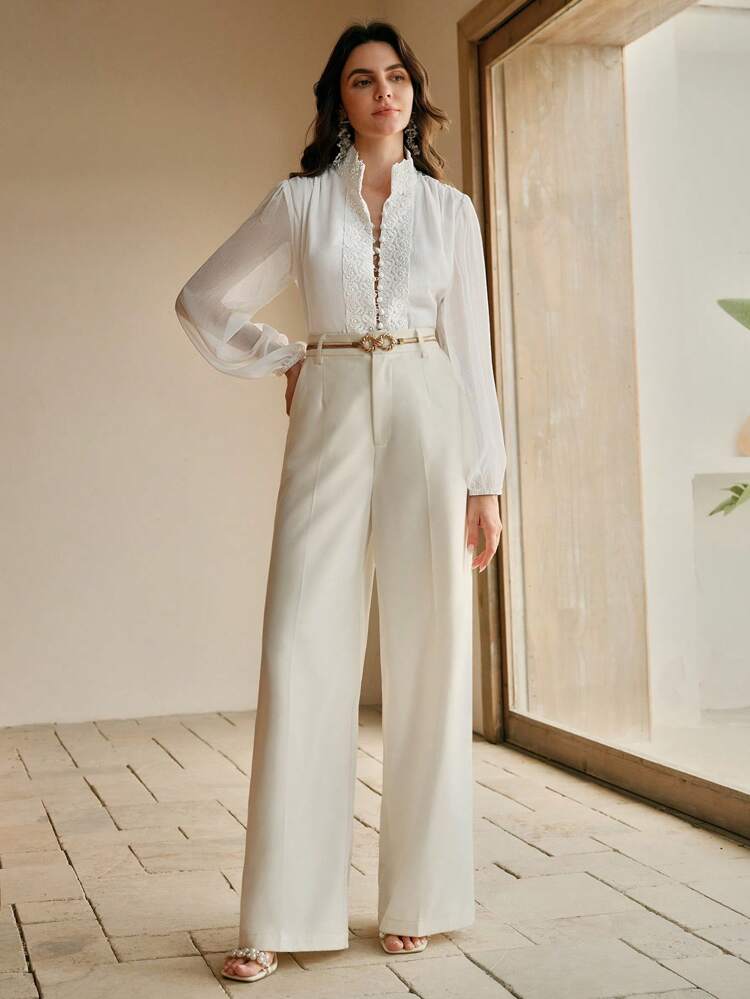 Women's Chiffon & Lace Patchwork White Blouse, New Elegant Long Sleeve Shirt For Spring, Festival, Holiday, Vacation, Beach, Elegant