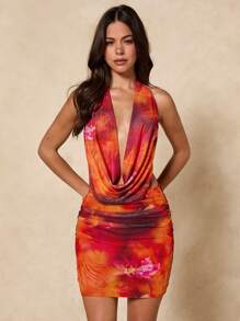 SHEIN BAE Summer Women's Halter Backless Sexy Tiger Lily Floral Print Mini Dress, Suitable For Party, Vacation, Event, Night Out, Romantic Date - Multicolor - View 3