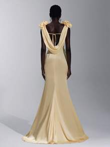 Elitara Elegant Champagne Gold Spring Satin Floral Sculptural Shoulders Draped Neck Backless Fishtail Dress,Formal Event Prom Wedding Bridesmaid Graduation - Yellow - View 6