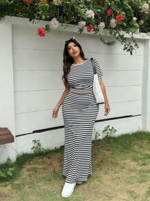 Solflare 2pcs/Set Plus Size Women's Casual Vacation Black & White Striped T-Shirt & Long Dress Set, Spring/Summer,,Club Outfit,Airport Outfit For Women,Teacher Outfits For Women,Vacation Outfits Woman,Elegant & Sexy For Daily, Outing, Date, Afternoon Tea, Vacation, Spring/Summer,Spring Outfits For Women, Summer/Summer Outfits For Women,Festival/Concert Outfit Women/Rave Outfits Festival/ Rave Outfits/,Spring Break Outfits, Graduation Dress,Beach Outfits For Woman/Beach,Birthday Dresses For Women,Two Piece Set Women