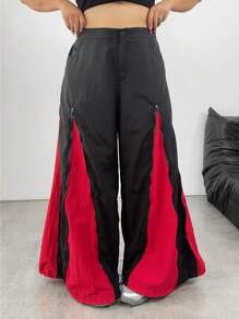 POPSWAY Plus Size Women Casual Street Chic Contrast Color Zipper Decor Drawstring Ankle Pants Fall Cloth For Women