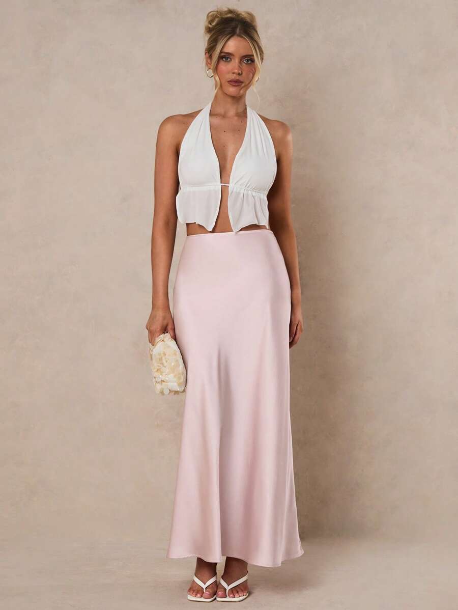 Glamine Women Solid Color High Waist Mermaid Hem Elegant Fashion Skirt,Women Skirt Birthday, Maxi Skirts For Women, Women Skirts Birthday, Women Summer Clothing,Purple Satin Elegant Maxi Skirt - Baby Pink - View 1