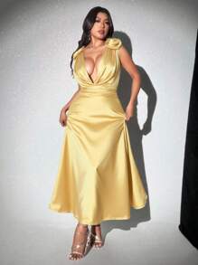 Celure Große Größen einfarbiges 3D Blumen Dekor Kleid mit tiefem drapiertem Ausschnitt und rückenfrei, sexy Party Kleid