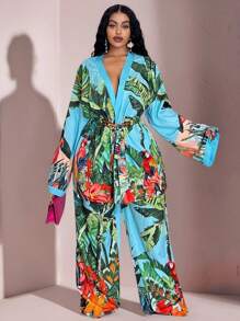 Veslaya 2025 春夏新品音乐节、复活节、西部、波西米亚风、纳什维尔、生日派对、毕业典礼、学生、日常休闲、多功能、休闲、度假、邮轮、海滩、日光浴休闲度假蓝绿色长袖开衫。热带花卉和植物印花宽松上衣/松紧腰裤大码女式两件套 - A - 綠色 - 查看 9