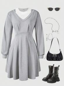 Robe grise en patchwork à manches longues et col rond pour adolescentes, automne hiver - Gris - Voir 1