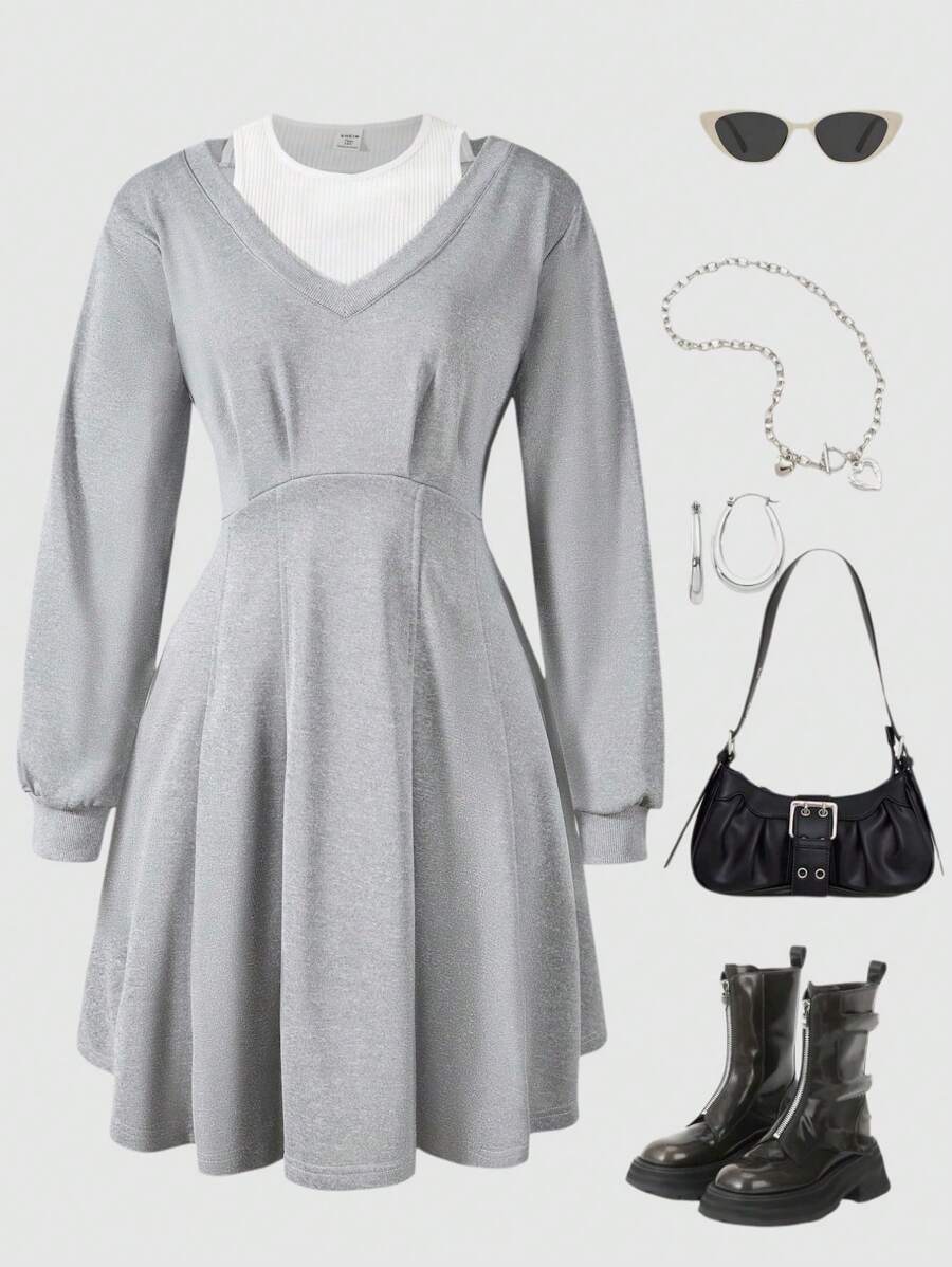 Robe grise en patchwork à manches longues et col rond pour adolescentes, automne hiver - Gris - Voir 1