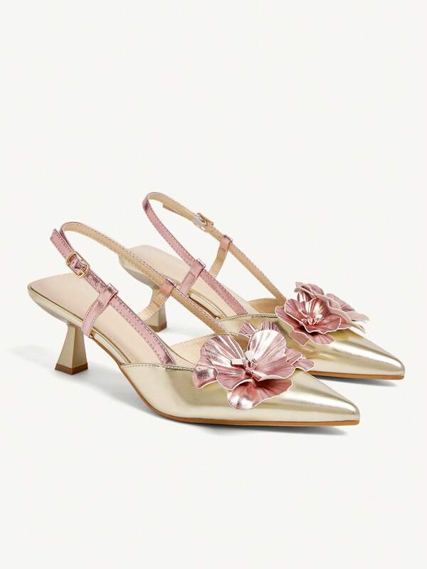 CUCCOO CHICEST Tacones altos con punta fina para mujeres, con decoración de flores de iris, zapatos metálico de color rosa elegante y romántico con contraste dorado, adecuados para fiestas, citas, té y vacaciones