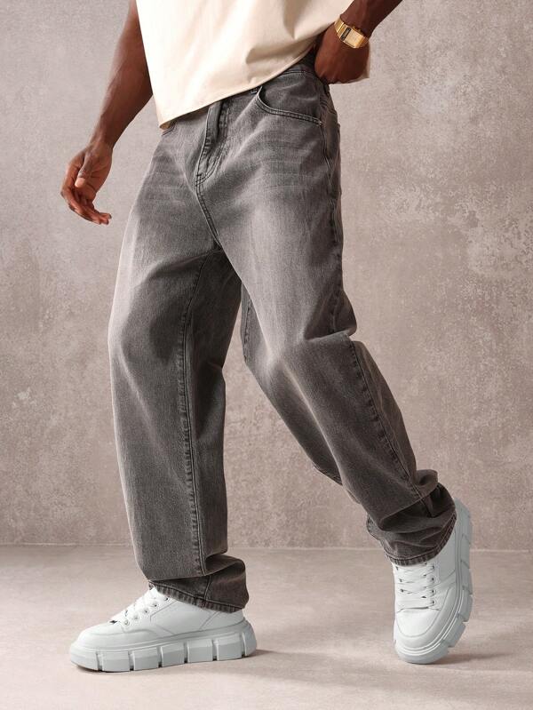 SUMWON Lässig sitzende Skater-Stil Graue Denim Weite Bein Jeans, Baggy Streetwear, bequem für den Alltag, klassische Hose