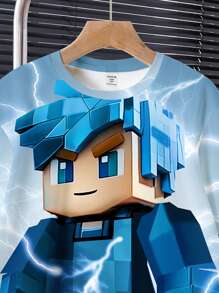 SHEIN 2 件儿童/青少年男孩休闲简约短袖圆领服装套装，适合夏季