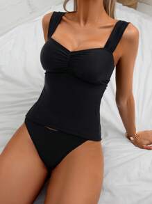 Swim Lushoire Women's Summer Beach Solid Color Pleated Camisole Tankini Swimsuits Set - Black - View 4