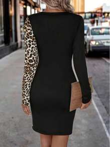 INAWLY Plus Size Women V-Neck Long Sleeve Fitted Leopard Print Patchwork Dress - Black - View 2