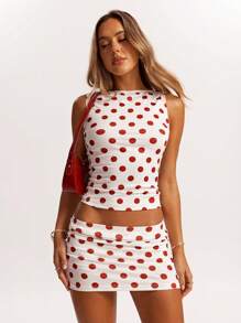 SHEIN BAE 女款红白波点低腰裙裤优雅大方适合夏季/夏装/夏季女士办公室服装/商务休闲女装/女士工作服/南法度假/意大利度假/海岛度假装/蜜月装女 - 紅白色 - 查看 7