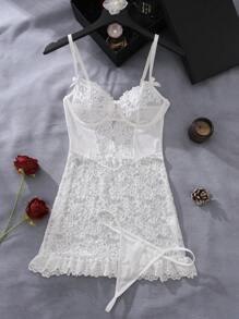 Crystal Vow Lace Bodycon Mini Slip Dress With Ruffle Hem, Suitable For Wedding Honeymoon Bridallingerie - White - View 6