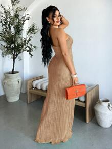 SHEIN SXY 女式夏季海滩度假风格纯色荷叶边吊带连衣裙 - 卡其色 - 查看 2
