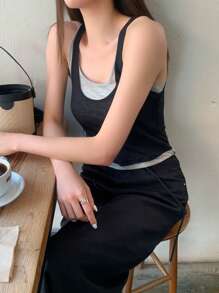 DAZY Women's Color Block Patchwork 2 In 1 Crew Neck Fitted Black Tank Top, Spring/Summer - Black - View 4