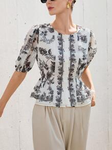 GENKIRA 优雅圆领碎花轻盈奢华修身女式衬衫 - 彩色 - 查看 5