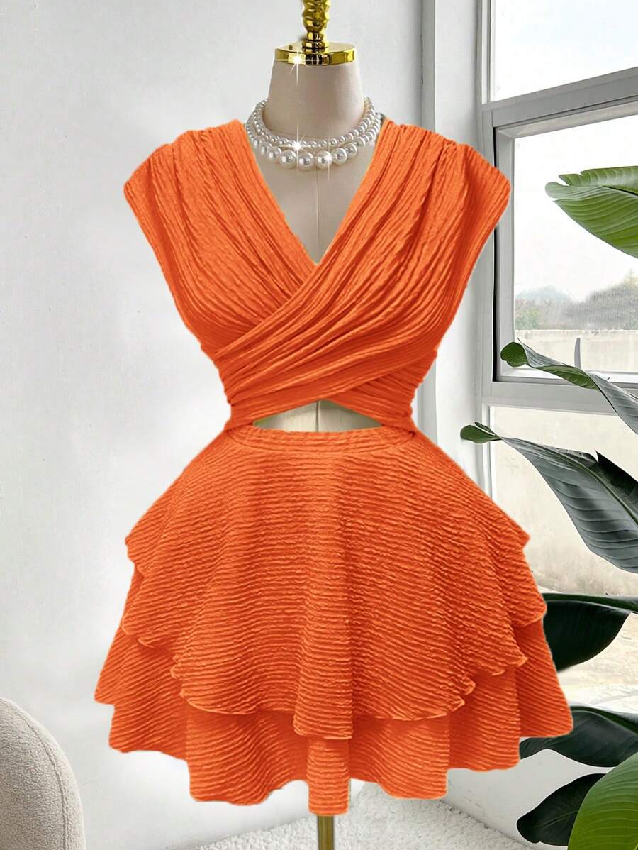 Celure Plus Size Women's Vacation Criss-Cross Neck Hollow Out Ruffle Design Beach Dress, Stylish New Spring/Summer Collection