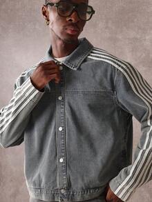 SUMWON Striped Denim Trucker Jacket Retro Throwback Style Classic Distressed Side Stripe Modern Casual Outerwear Chic Street Fashion - Blue - View 4