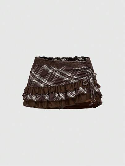 ROMWE Avant Women's Retro College Style Patterned Lace Patchwork Asymmetrical Mini Skirt