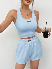 SHEIN EZwear 夏季蓝色针织无袖女式背心套装 - 藍色 - 查看 5