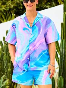 Manfinity Swimmode Camisa de Manga Curta com Estampa Tie Dye e Shorts, Traje de Praia Havaiano, para Homens