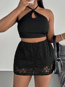 SHEIN PETITE CURVE 大尺碼女款彈性腰花卉蕾絲中長裙 - 黑色 - 查看 6