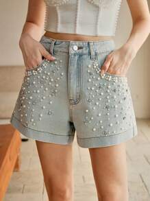 Anewsta Elegant Beaded Oversized Versatile Ladies' Denim Shorts - Blue - View 3