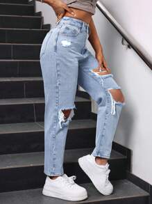 SHEIN PETITE Women's Distressed Solid Color Washed Fashionable Ripped Denim Jeans, Summer - Light Wash - View 1