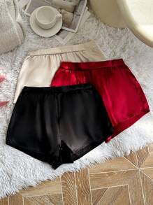 SilkySpell Set de 3 piezas de pantalones de pijama de satén con decoración de lazo en la parte trasera