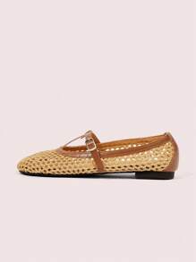 CUCCOO DOLLMOD Women's Fashion Apricot T-Strap Hollow-Out Woven Flat Shoes - Apricot - View 6