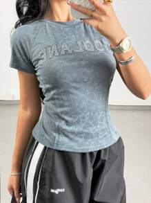 SHEIN Girls Vintage Daily Wear Graphics Washed Grunge Crop Tops Girls Printed Crew Neck Short Sleeve Side Pleated Casual Tee, Raglan Sleeves - Grey - View 1