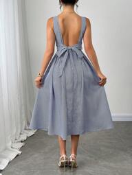 Firerie Vestido midi entallado con cuello cuadrado, decoración de lazo y diseño a rayas azul y blanco. Vestido elegante y retro para el verano, vacaciones, primavera/verano, uso diario, elegante, vacaciones, playa y citas románticas.