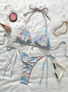 Swim Mod Áo bikini tam giác in hoa ngẫu nhiên và quần buộc dây bên hông, Bộ bikini gợi cảm cho kỳ nghỉ hè - Nhiều màu - Xem 2