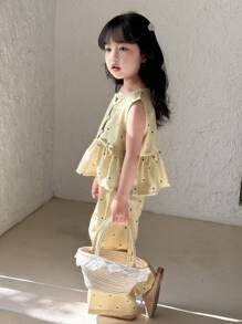 Genkimix Kids 2件套少女波点印花可爱短款上衣+宽松阔腿裤套装 - 綠色 - 查看 4