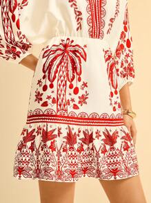 CAJUNI Women's Boho Tropical Holiday Plant Coconut Tree Red Print, Detachable Collar 3/4 Puffy Sleeve Mini Dress - Multicolor - View 6