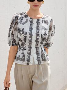 GENKIRA 优雅圆领碎花轻盈奢华修身女式衬衫 - 彩色 - 查看 6