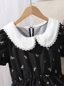 Girls' Stylish Printed Bow Decor Cocktail Dress For Party, Graduation Ceremony, Summer - Black - View 3