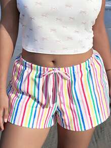 Veykashi Plus Size Women Casual Rainbow Striped Waist Tie Shorts, Suitable For Summer Suitable For Going Out - Multicolor - View 2