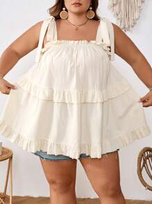 SHEIN CURVE+ Top de verano con volantes en el bajo para mujer de talla grande, vestimenta para vacaciones en la playa, campo o viajes - Albaricoque - Ver 2