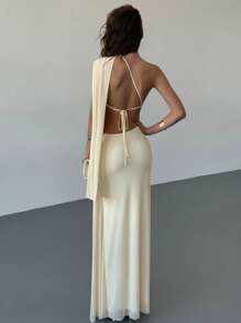 Aloruh 优雅长款露背网眼杏色单肩连衣裙，适合度假、舞会、派对 - 杏色 - 查看 6