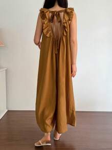 DAZY Simple Style Ruffled Hem A-Line Wide Leg Backless Loose Fit Women's Jumpsuit Loungewear Pajama - Camel - View 5